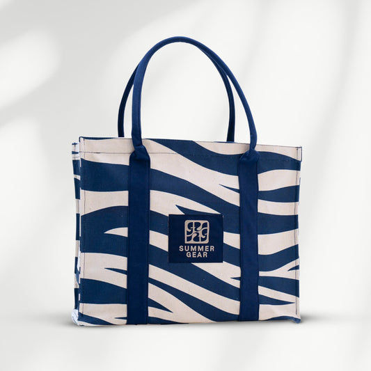 Onda blauwe tote bag met golvend patroon en verstevigde bodem
