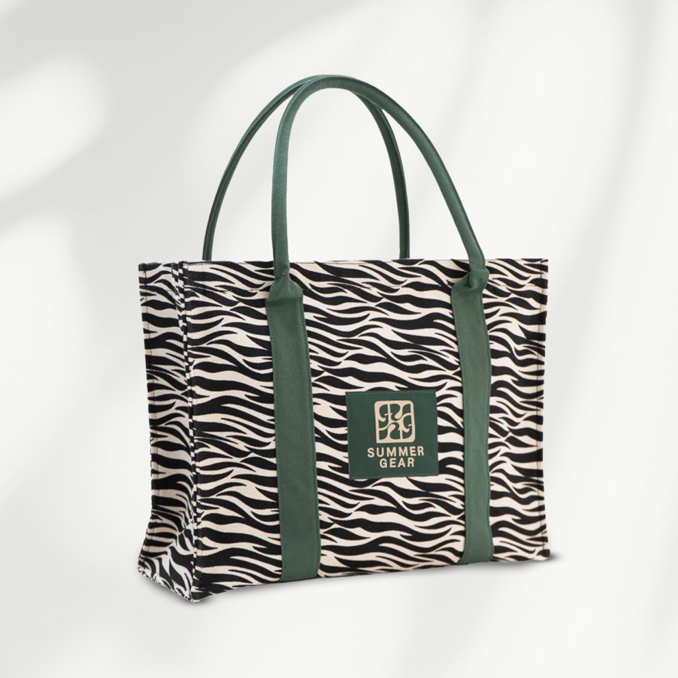 Savan tote bag zebra print met verstevigde bodem en groene handvatten