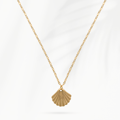Goudvergulde damesketting Shell van SummerGear met fijne schakels en goudkleurige schelphanger, volledig afgebeeld op lichte achtergrond
