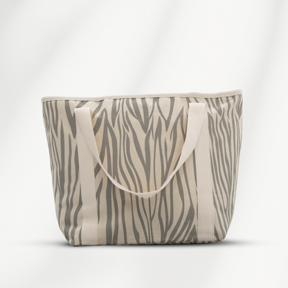 Strandtas met rits Avalon middelgroot die volledig afsuit met rits van  canvas in de kleur naturel en grijs achterzijde