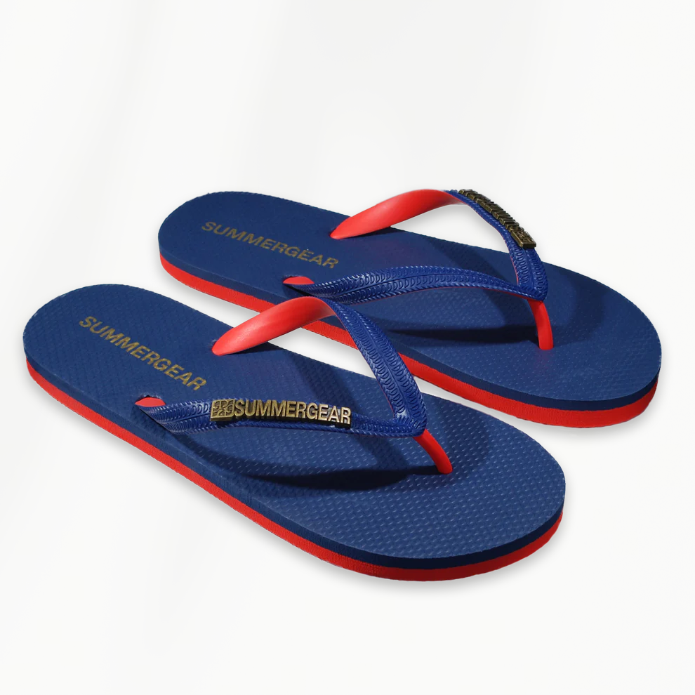 Sunsteps Regular teenslippers blauw rood zij aanzicht op lichte achtergrond