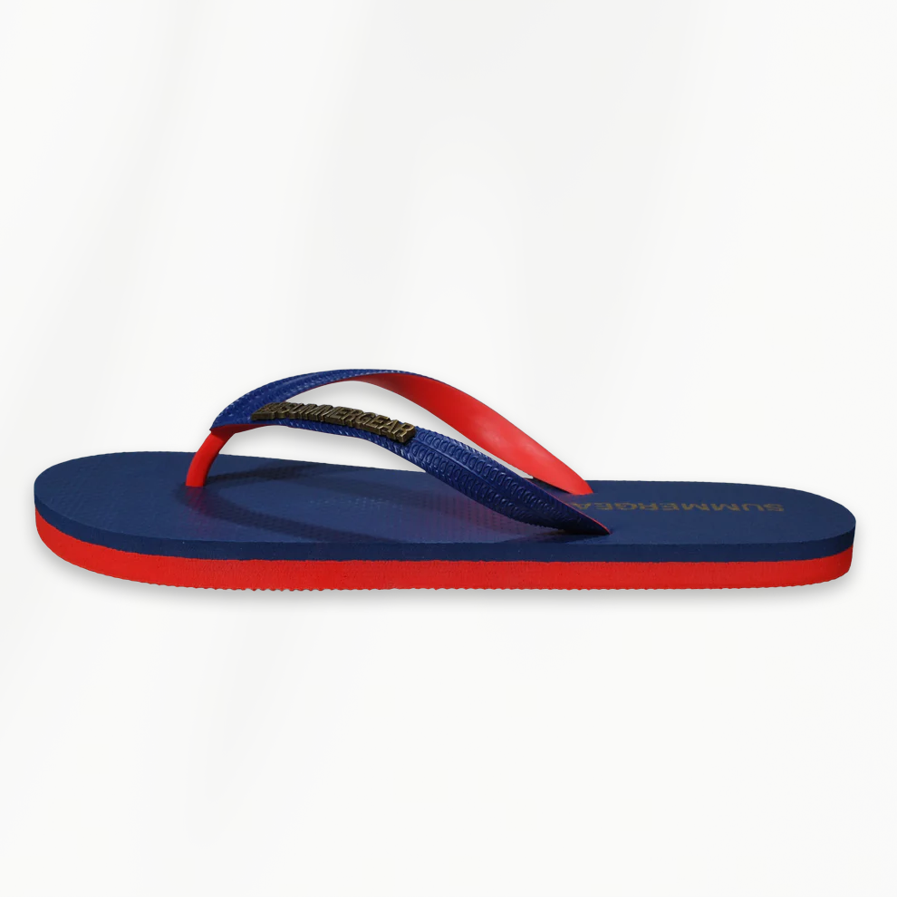 Detail van Sunsteps Regular teenslippers blauw rood met metallic logodetail