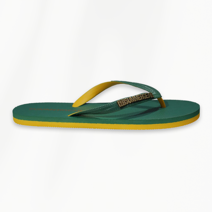 Detail van Sunsteps Regular teenslippers groen geel met metallic logodetail