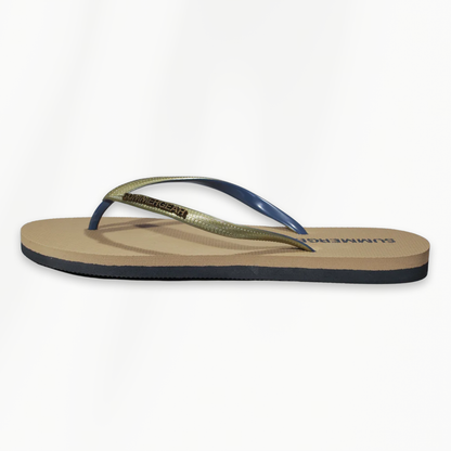 Detail van Sunsteps Slim Fit dames teenslippers goud grijs met metallic logodetail